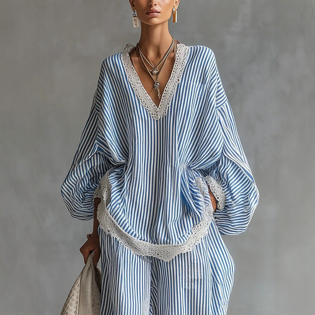 Casual Stripe Wide Leg Pants Pant Co-ord Set In Polyester Featuring Lace Craftsmanship For Professional Women