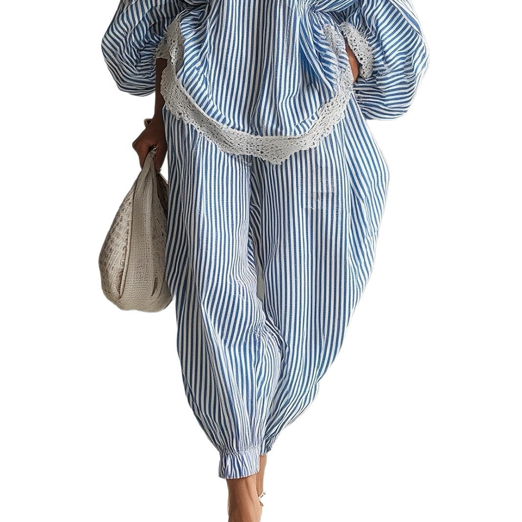 Casual Stripe Wide Leg Pants Pant Co-ord Set In Polyester Featuring Lace Craftsmanship For Professional Women