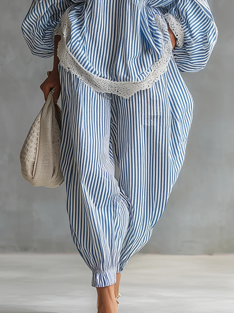 Casual Stripe Wide Leg Pants Pant Co-ord Set In Polyester Featuring Lace Craftsmanship For Professional Women