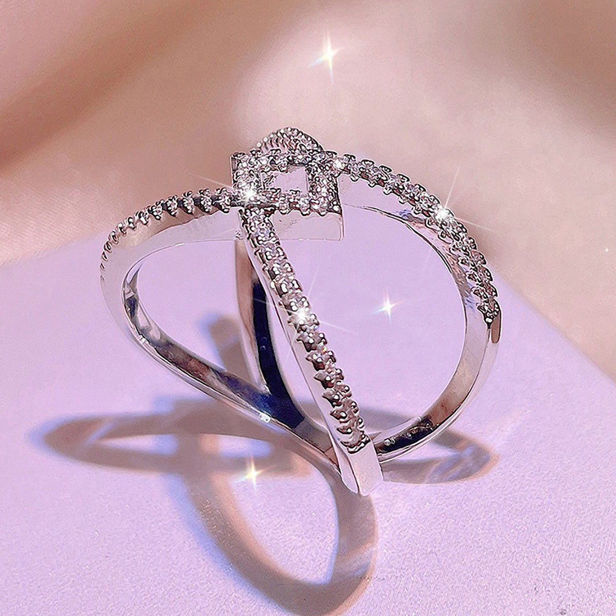 Irregular Claw Setting Rings For Women In Copper With White K Water Plating And Zircon Inlay