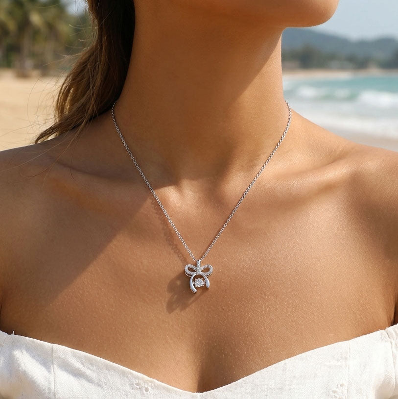 Hypoallergenic Bow Tie Necklace For Women In 304 Stainless Steel With Copper Alloy Pendant And Zircon Inlay On Cable Chain