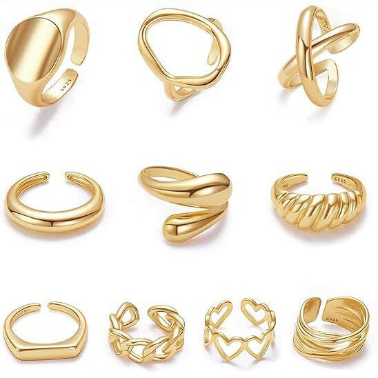 Geometric Open Rings For Women In Gold Brass, 12 Pieces Set
