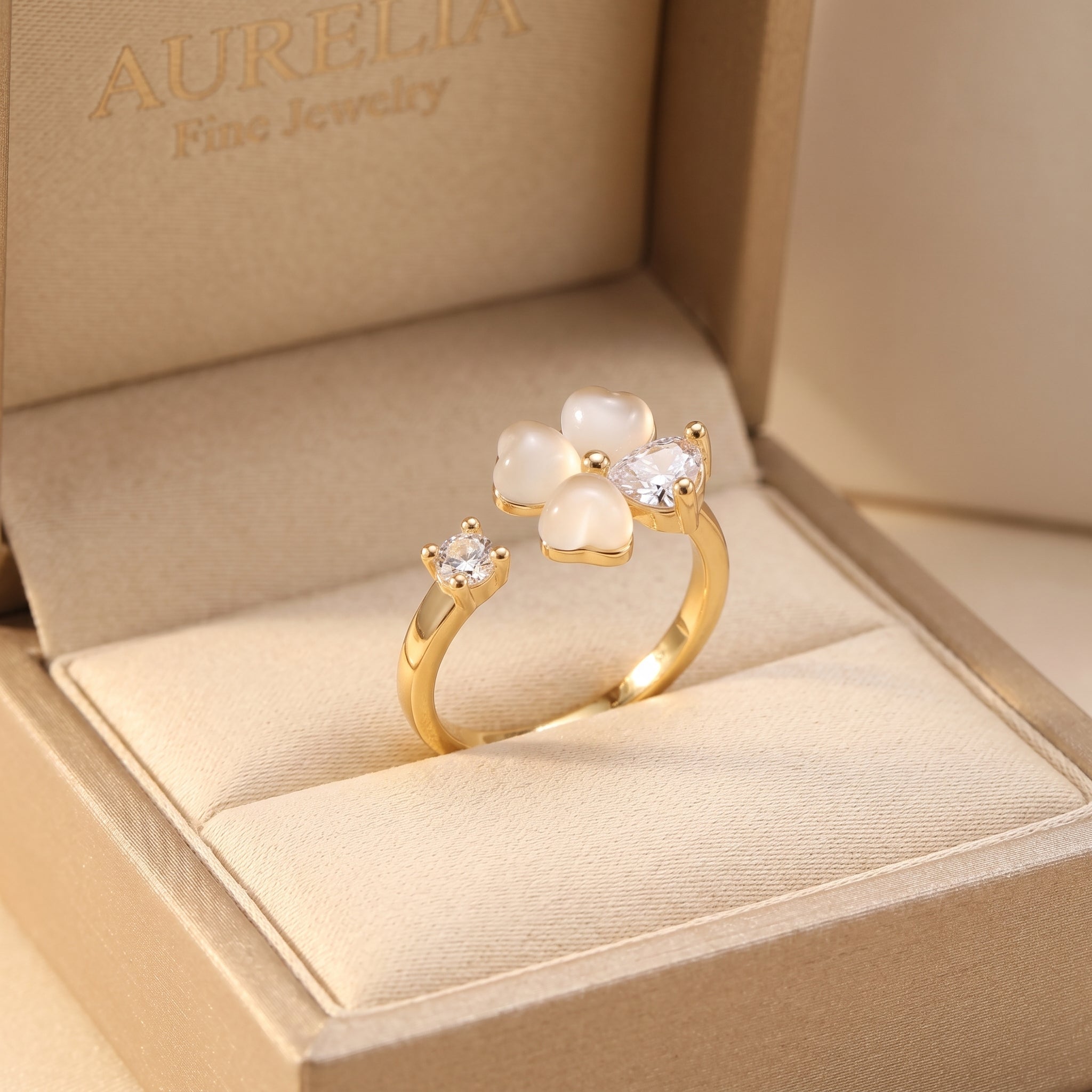 New Style Gold Open Ring For Women With KC Golden Plated 0.03µm Thickness Featuring Synthetic Zirconia Flowers