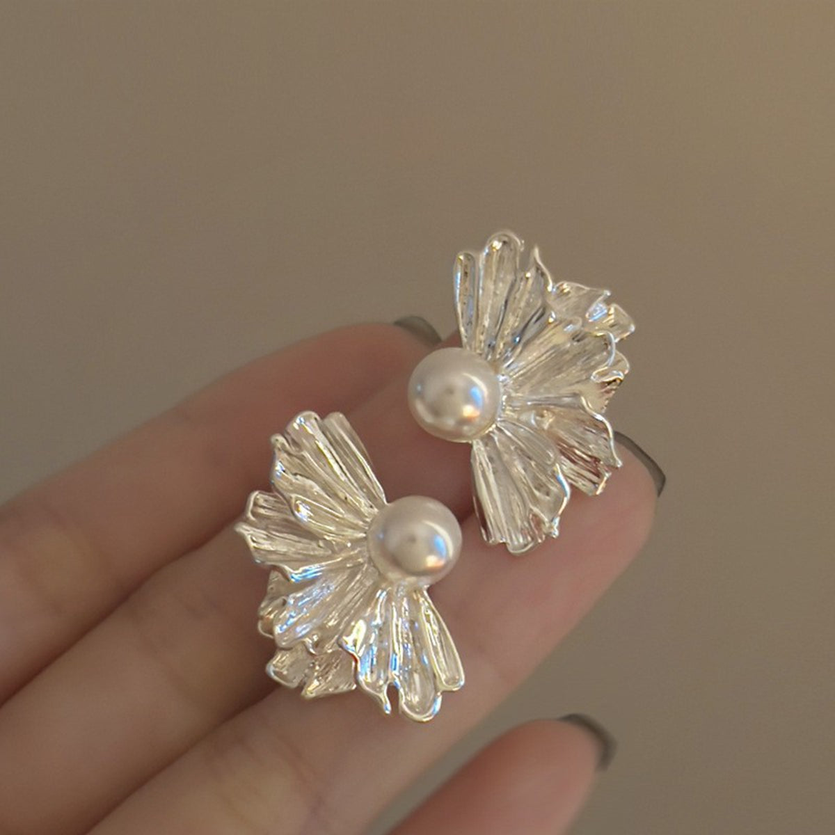 Geometric Electroplated Stud Earrings For Women In Copper With Platinum Plated Water Plating And Artificial Pearl Inlay