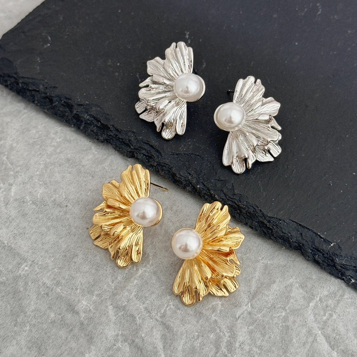 Geometric Electroplated Stud Earrings For Women In Copper With Platinum Plated Water Plating And Artificial Pearl Inlay