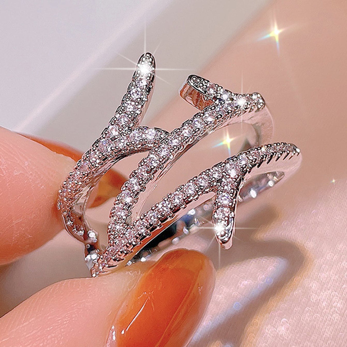 Irregular Claw Setting Rings For Women In Copper With White K Water Plating And Zircon Inlay