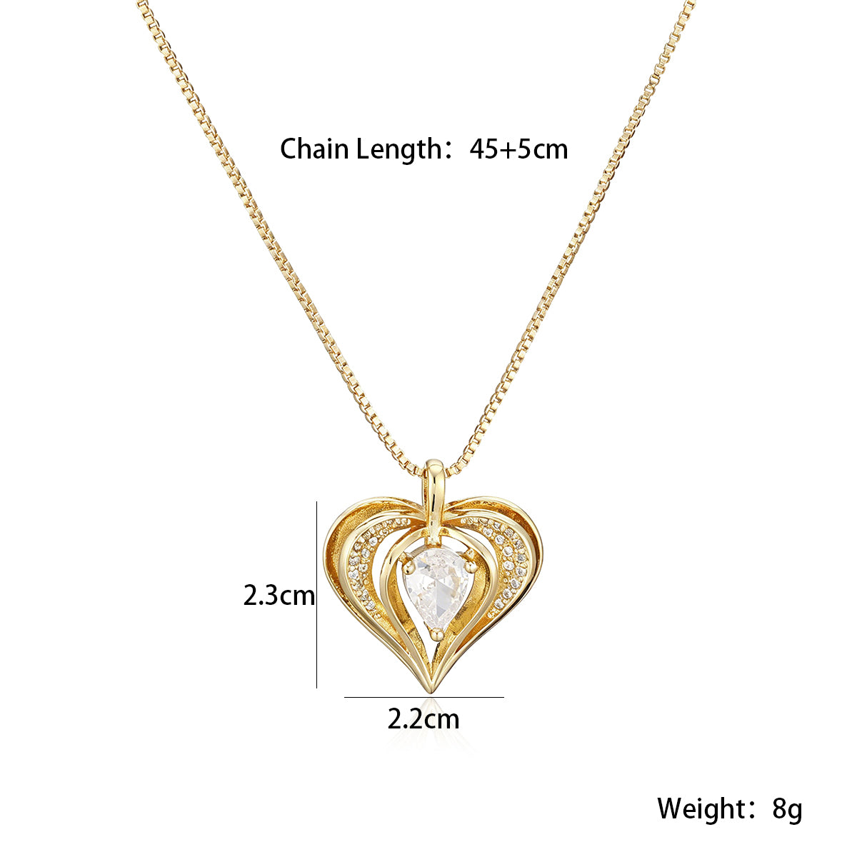 Heart Shape Pendant Necklace In Simple Style For Women, 18K Real Gold Plated Copper With Zircon Inlay And Cable Chain