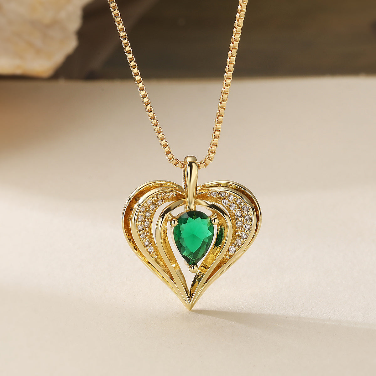 Heart Shape Pendant Necklace In Simple Style For Women, 18K Real Gold Plated Copper With Zircon Inlay And Cable Chain
