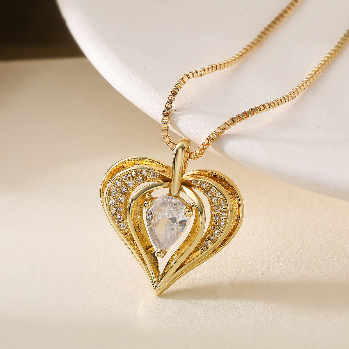 Heart Shape Pendant Necklace In Simple Style For Women, 18K Real Gold Plated Copper With Zircon Inlay And Cable Chain