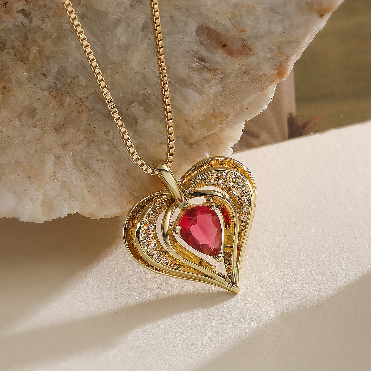 Heart Shape Pendant Necklace In Simple Style For Women, 18K Real Gold Plated Copper With Zircon Inlay And Cable Chain