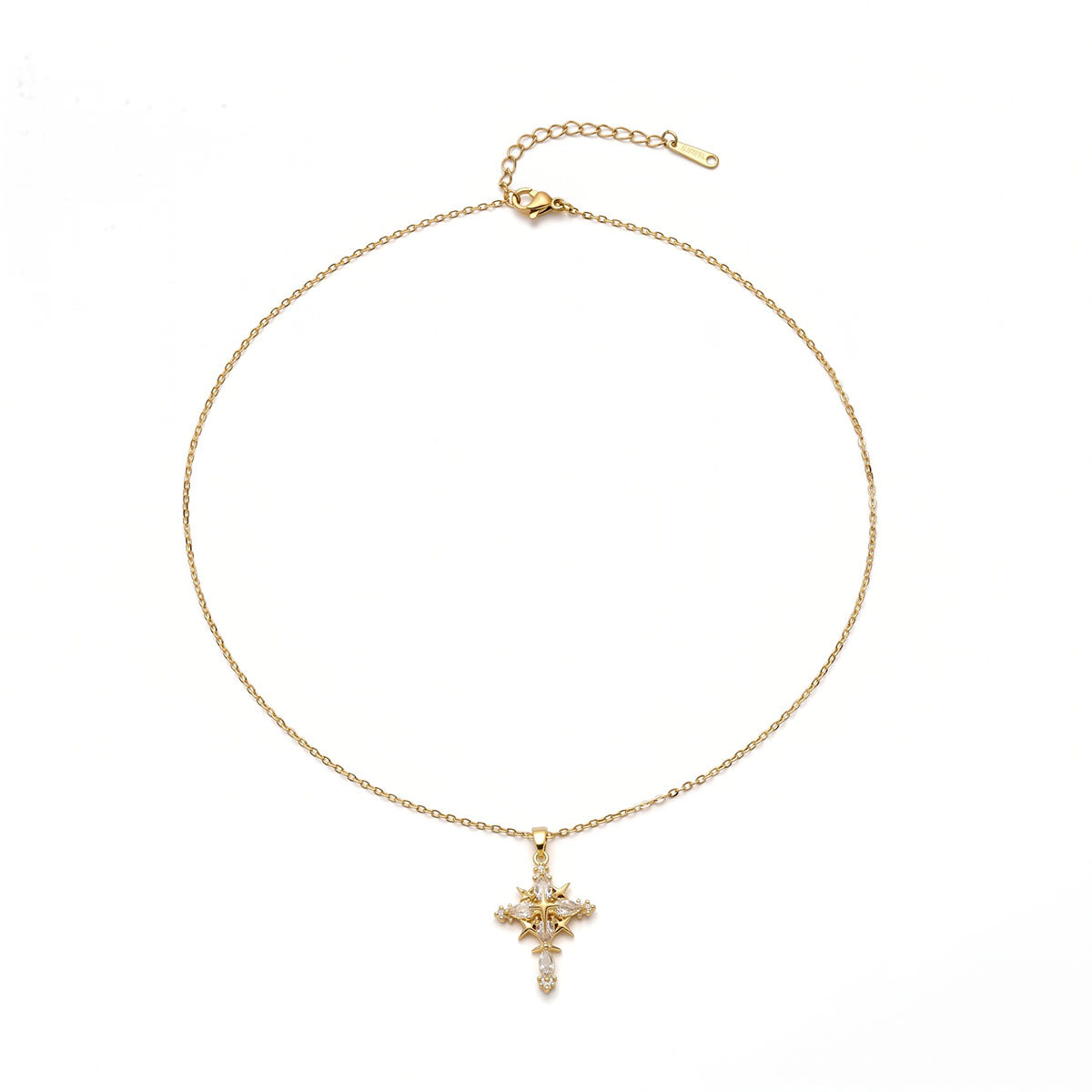 Gold Plated Cross Necklace For Women In 304 Stainless Steel With Zircon Inlay And PVD Coated Finish, Featuring Cable Chain