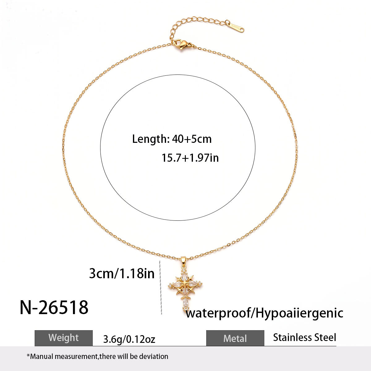 Gold Plated Cross Necklace For Women In 304 Stainless Steel With Zircon Inlay And PVD Coated Finish, Featuring Cable Chain