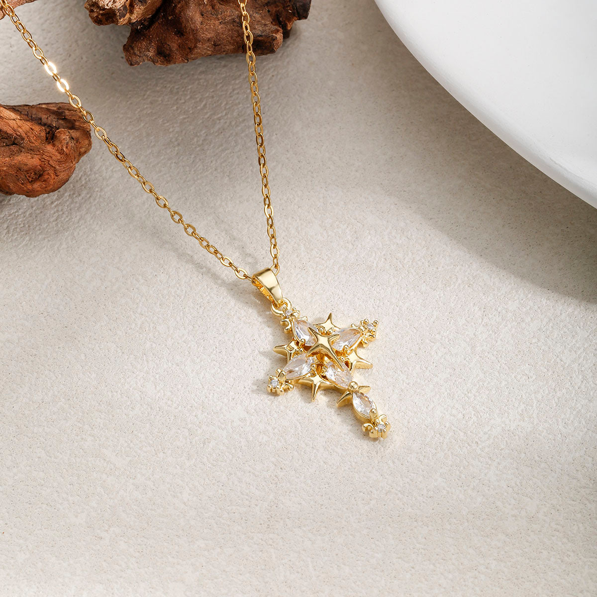 Gold Plated Cross Necklace For Women In 304 Stainless Steel With Zircon Inlay And PVD Coated Finish, Featuring Cable Chain