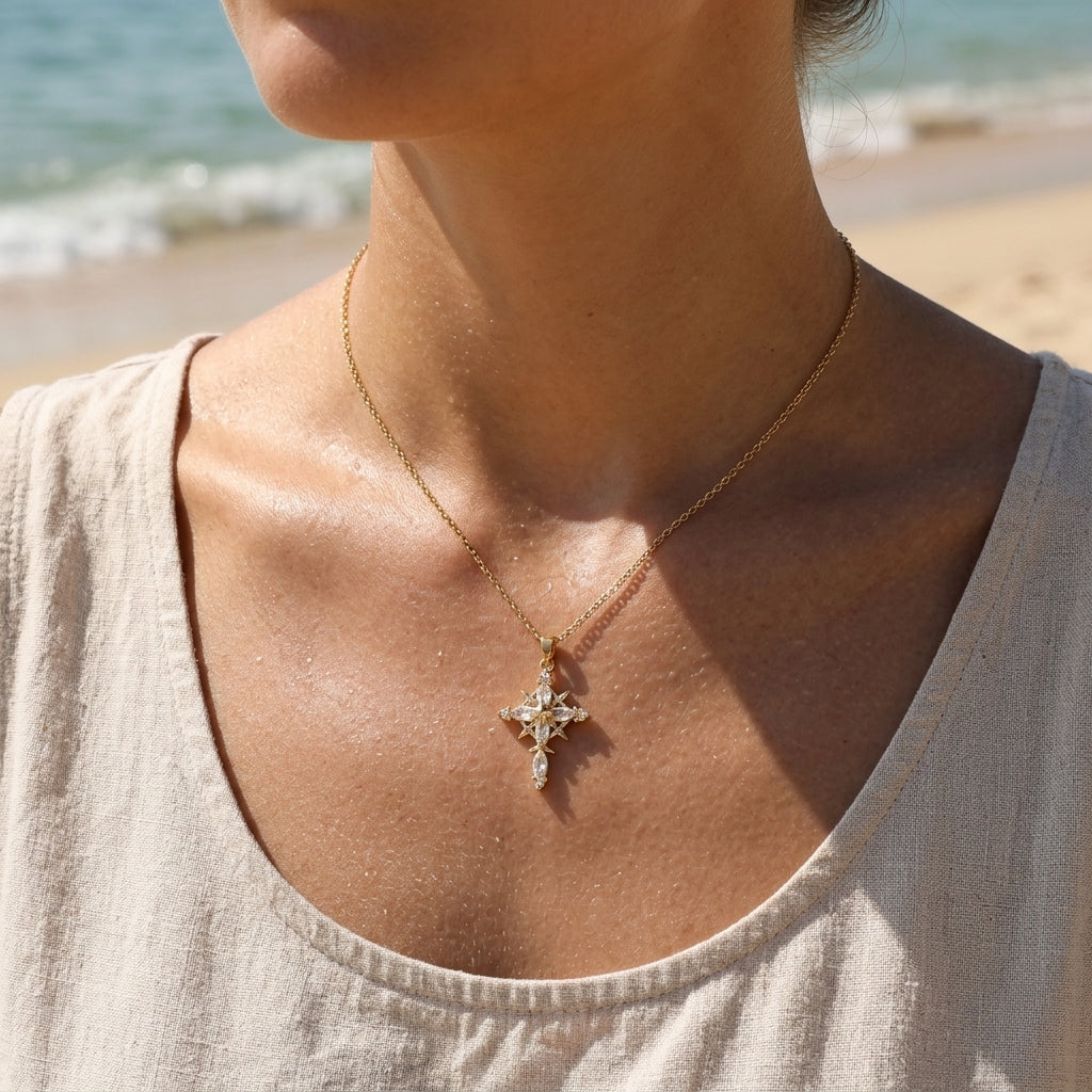 Gold Plated Cross Necklace For Women In 304 Stainless Steel With Zircon Inlay And PVD Coated Finish, Featuring Cable Chain