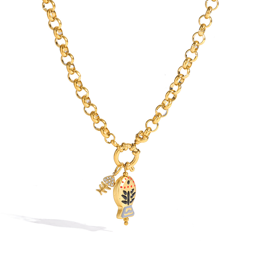 Marine Style Fish Necklace For Women, 304 Stainless Steel With 18K Gold Plated PVD Coating And Rhinestones On Cuban Link Chain