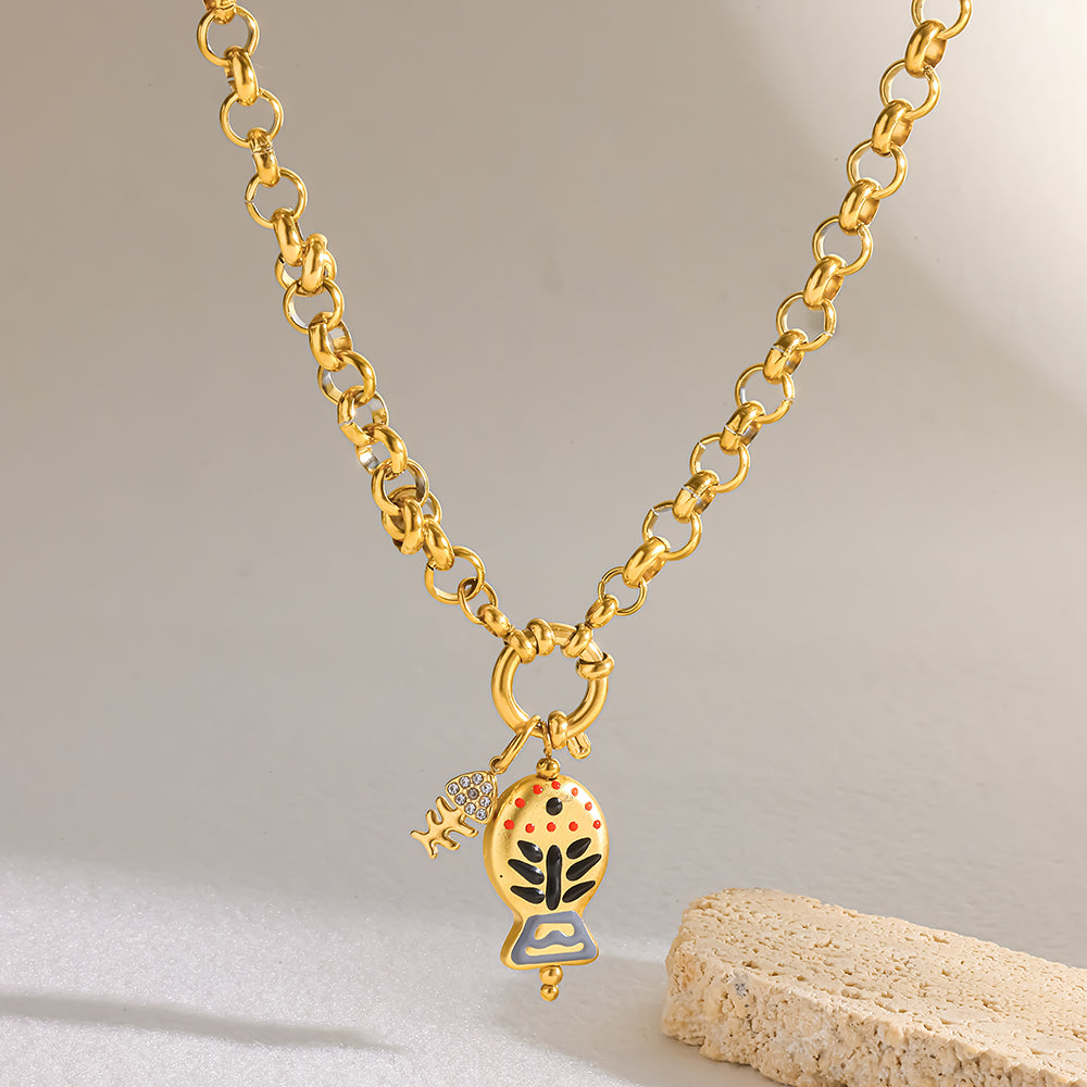 Marine Style Fish Necklace For Women, 304 Stainless Steel With 18K Gold Plated PVD Coating And Rhinestones On Cuban Link Chain
