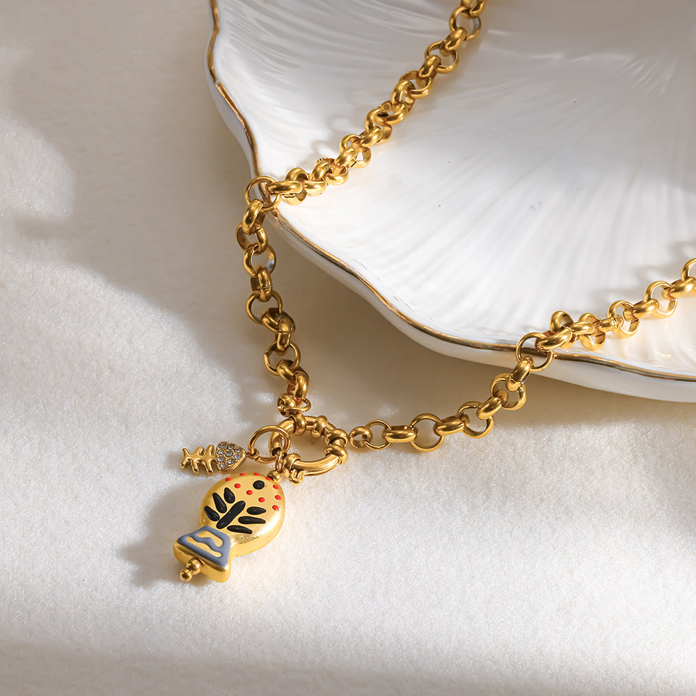 Marine Style Fish Necklace For Women, 304 Stainless Steel With 18K Gold Plated PVD Coating And Rhinestones On Cuban Link Chain