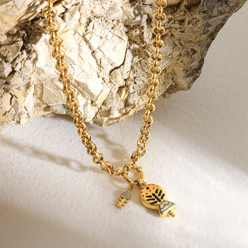 Marine Style Fish Necklace For Women, 304 Stainless Steel With 18K Gold Plated PVD Coating And Rhinestones On Cuban Link Chain