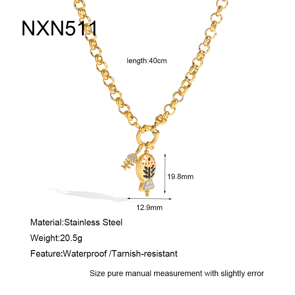 Marine Style Fish Necklace For Women, 304 Stainless Steel With 18K Gold Plated PVD Coating And Rhinestones On Cuban Link Chain
