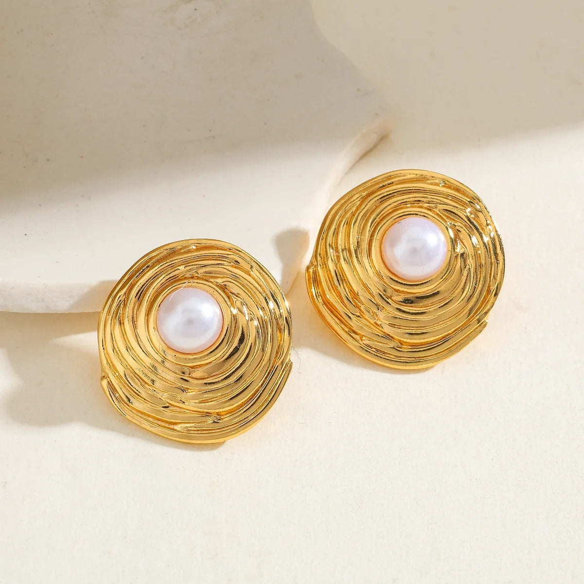 Geometric Electroplated Stud Earrings For Women In 304 Stainless Steel With Golden Water Plating And Artificial Pearl Inlay