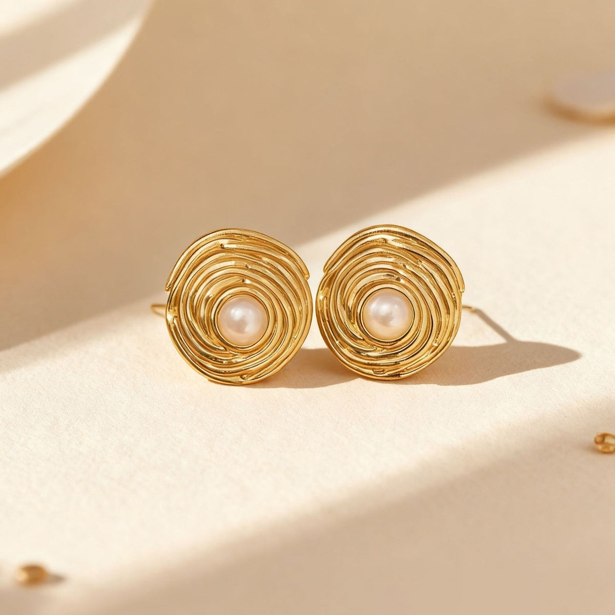 Geometric Electroplated Stud Earrings For Women In 304 Stainless Steel With Golden Water Plating And Artificial Pearl Inlay