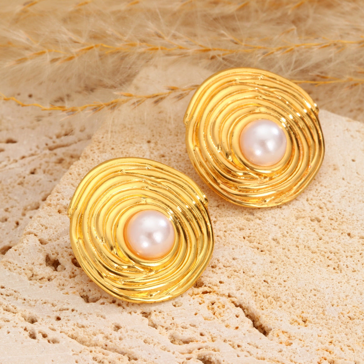 Geometric Electroplated Stud Earrings For Women In 304 Stainless Steel With Golden Water Plating And Artificial Pearl Inlay
