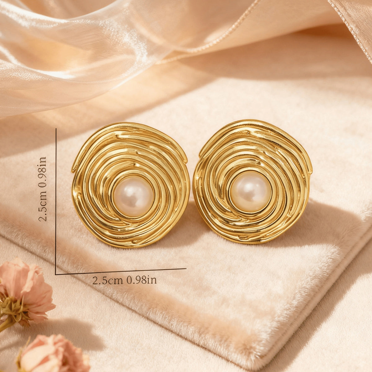 Geometric Electroplated Stud Earrings For Women In 304 Stainless Steel With Golden Water Plating And Artificial Pearl Inlay