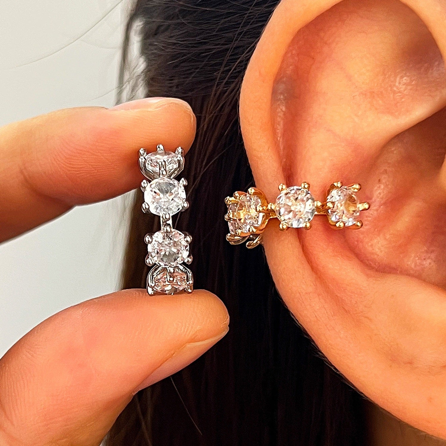C Shape Clip Earrings For Women With Claw Setting, Electroplated Copper, White K Plated, And Zircon Inlay
