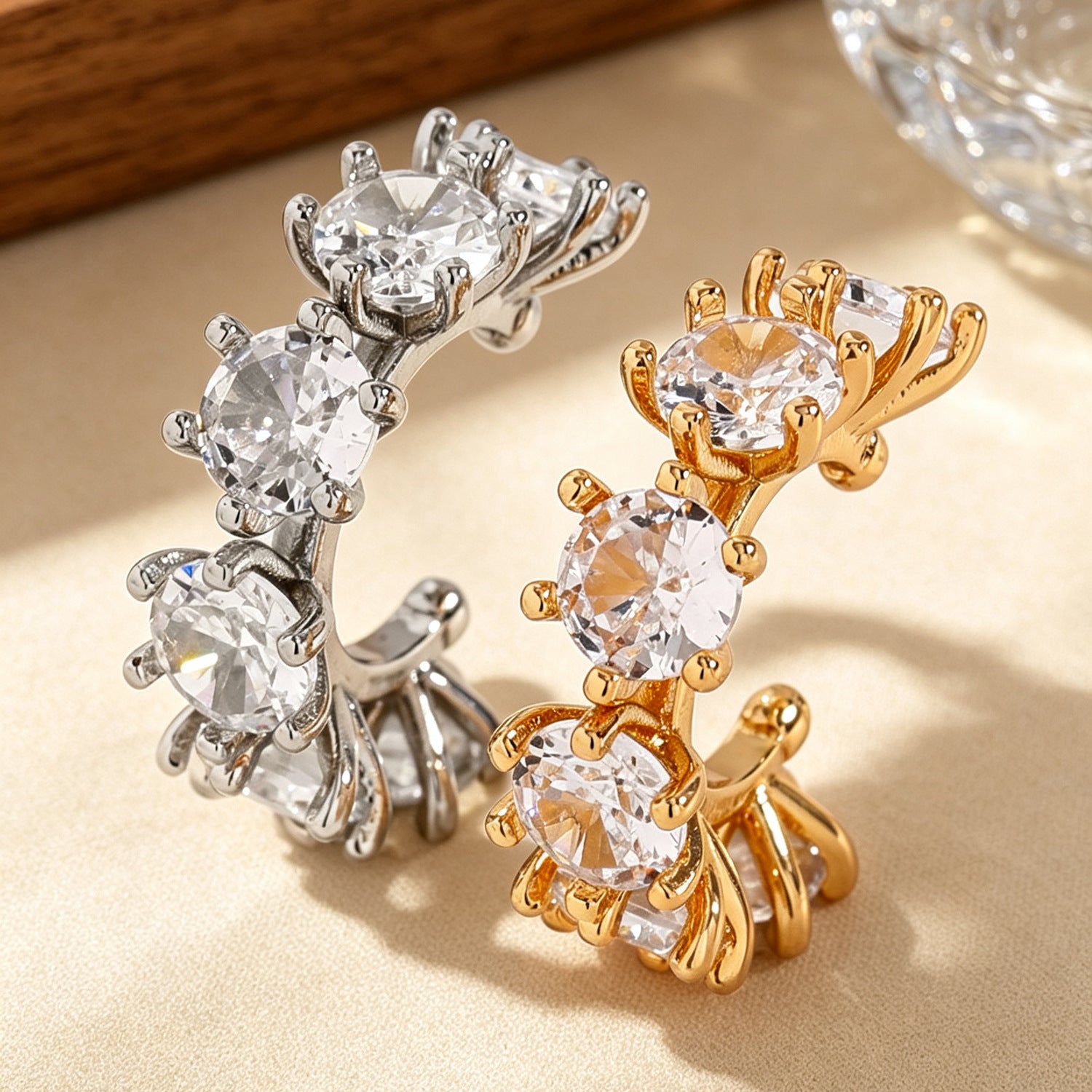 C Shape Clip Earrings For Women With Claw Setting, Electroplated Copper, White K Plated, And Zircon Inlay