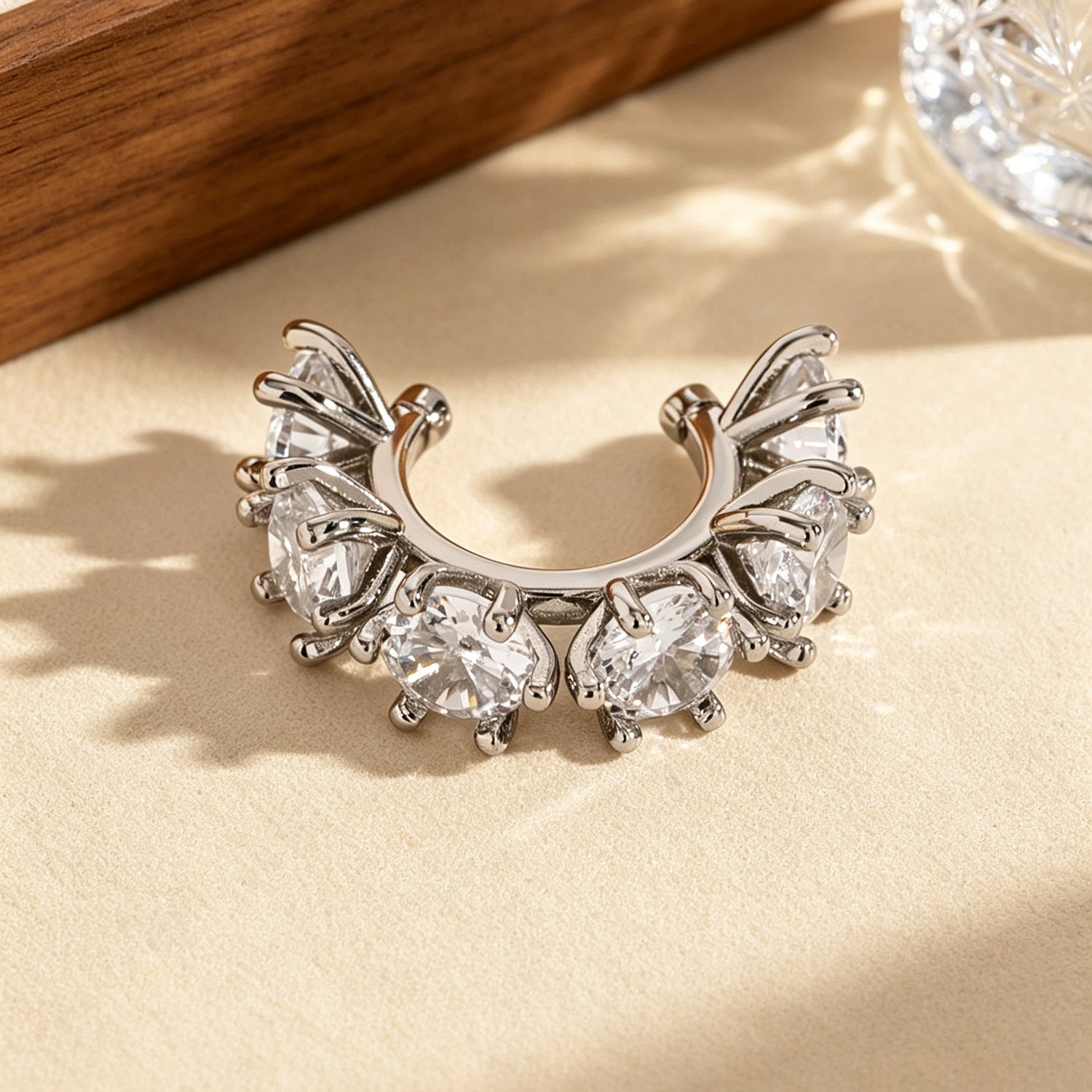 C Shape Clip Earrings For Women With Claw Setting, Electroplated Copper, White K Plated, And Zircon Inlay