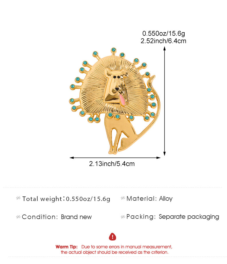 Lion Pin In Gold Alloy With Rhinestones Featuring Electroplated Craftsmanship