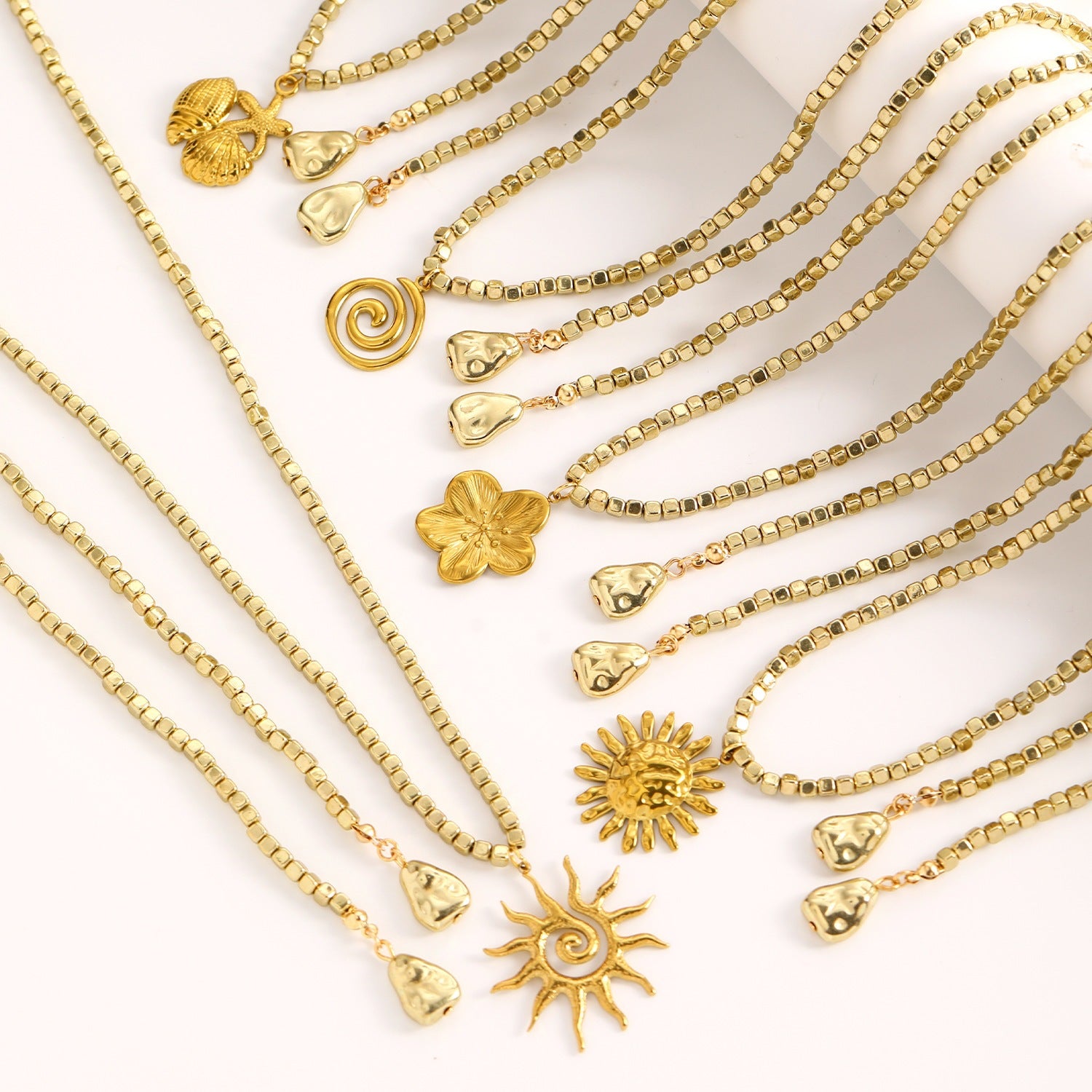 Bohemian Gold Sun Necklace With Shell Pendant In Mixed Materials, Unisex Design