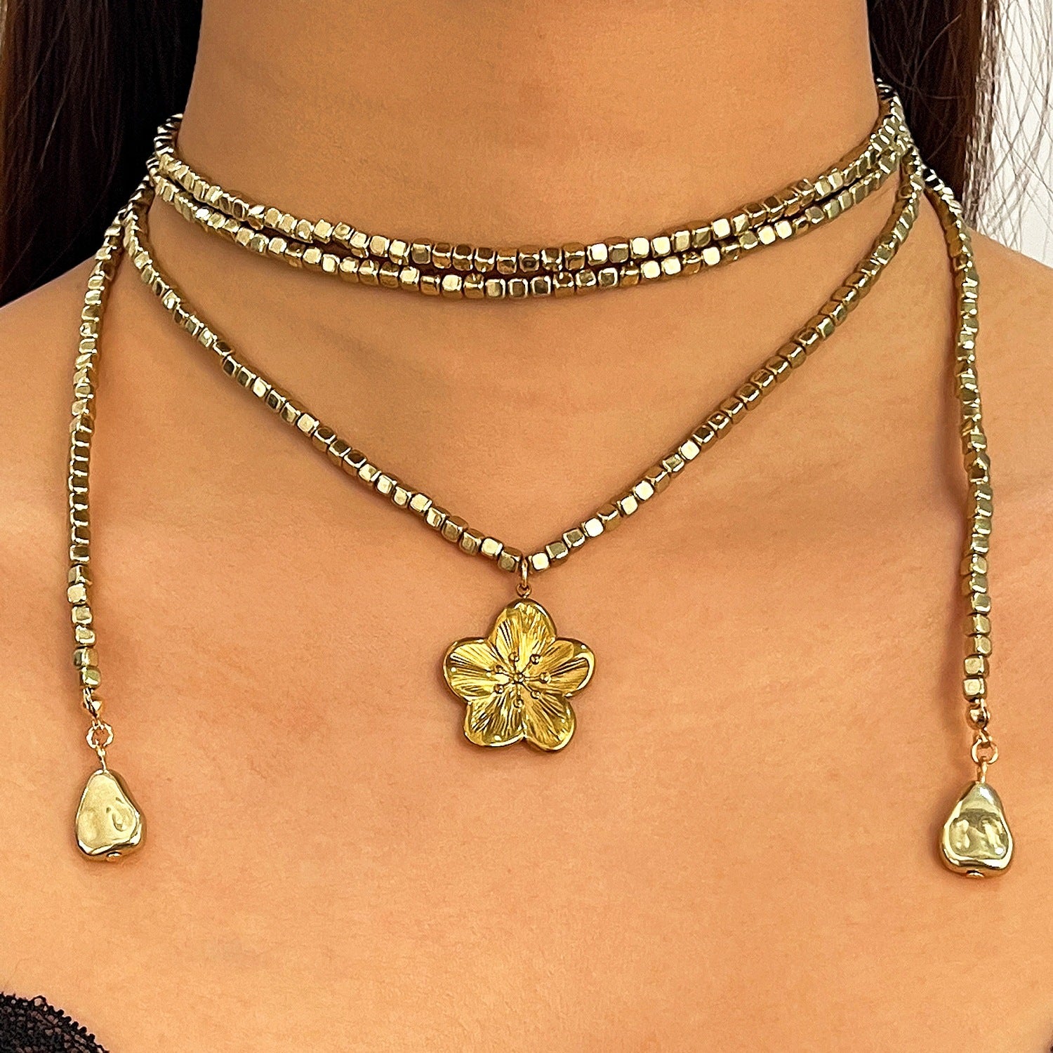 Bohemian Gold Sun Necklace With Shell Pendant In Mixed Materials, Unisex Design