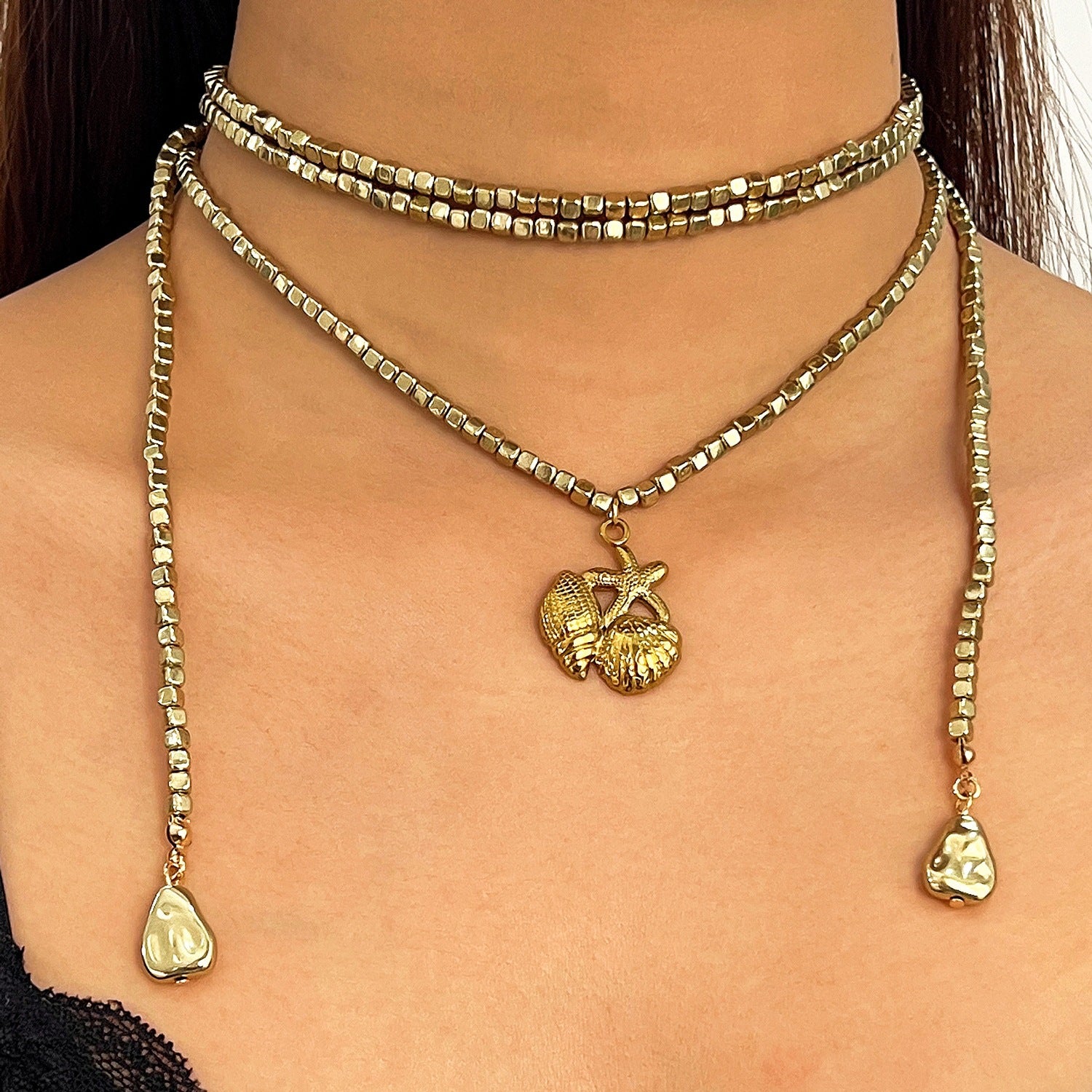 Bohemian Gold Sun Necklace With Shell Pendant In Mixed Materials, Unisex Design