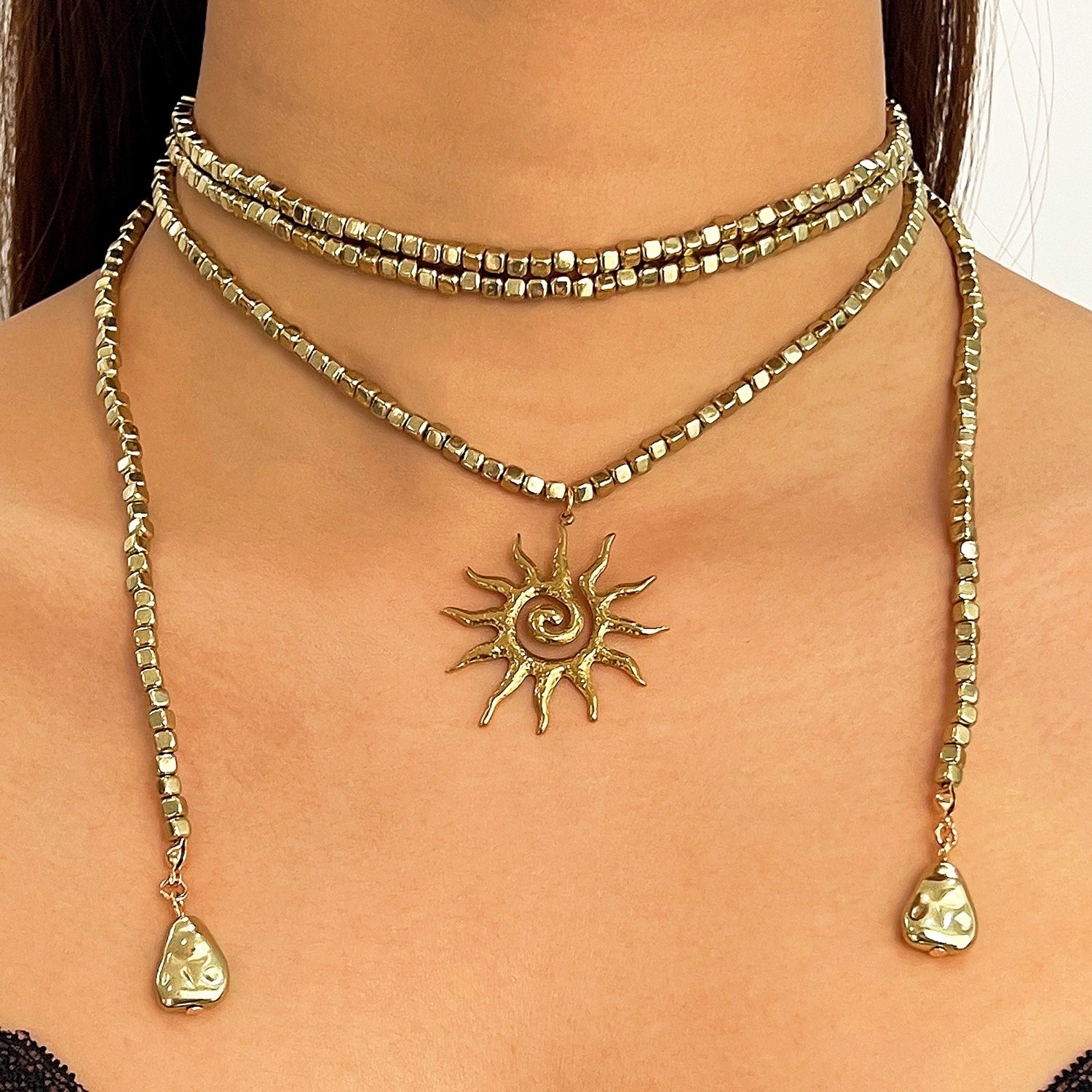 Bohemian Gold Sun Necklace With Shell Pendant In Mixed Materials, Unisex Design