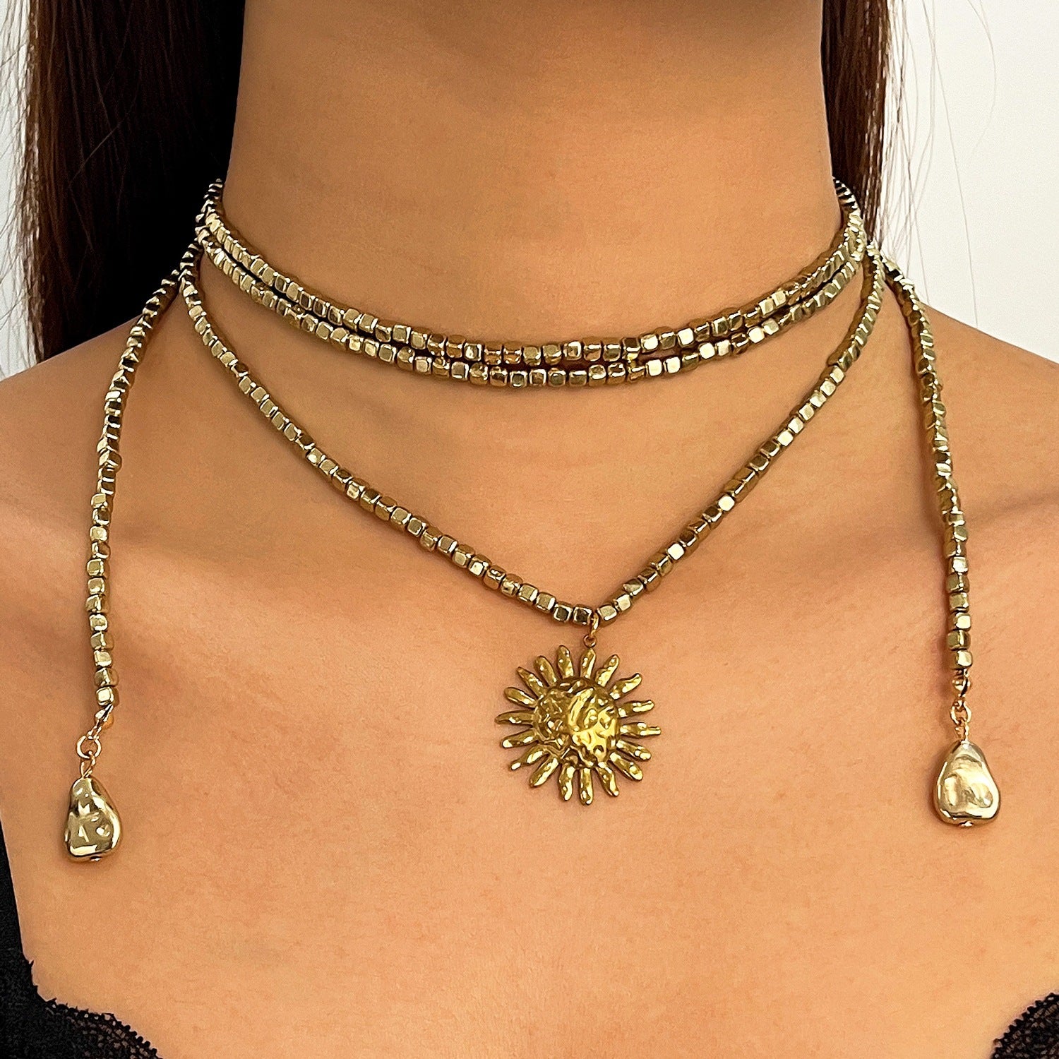 Bohemian Gold Sun Necklace With Shell Pendant In Mixed Materials, Unisex Design