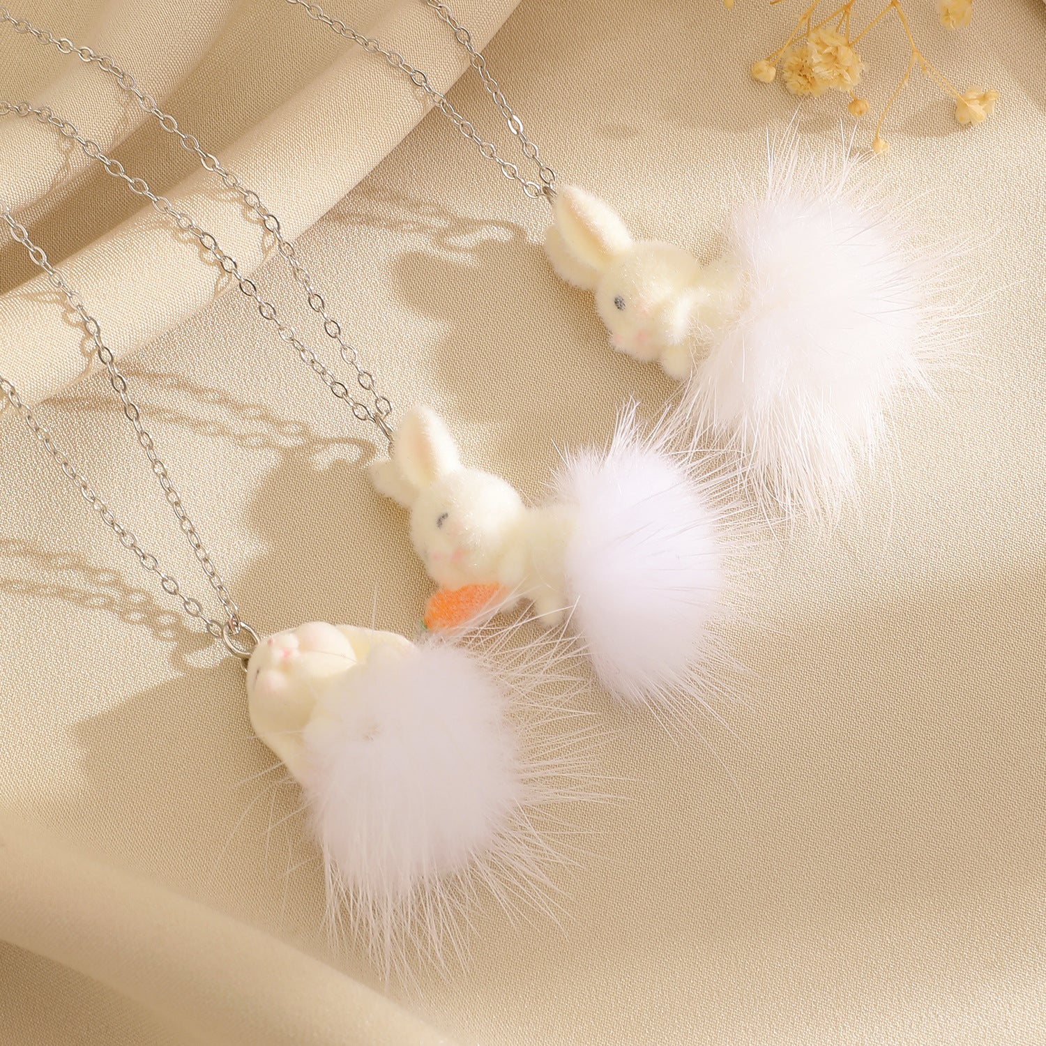 Cute Rabbit Necklace For Women Featuring A Fuzzy Ball Pendant Made Of Soft Cloth Material