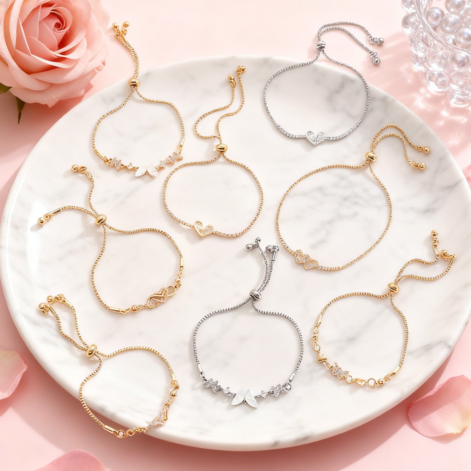 Cute Heart Shape Elaborate Copper Bracelets With KC Golden Electroplated Finish And Zircon Inlay Featuring Slider Chain