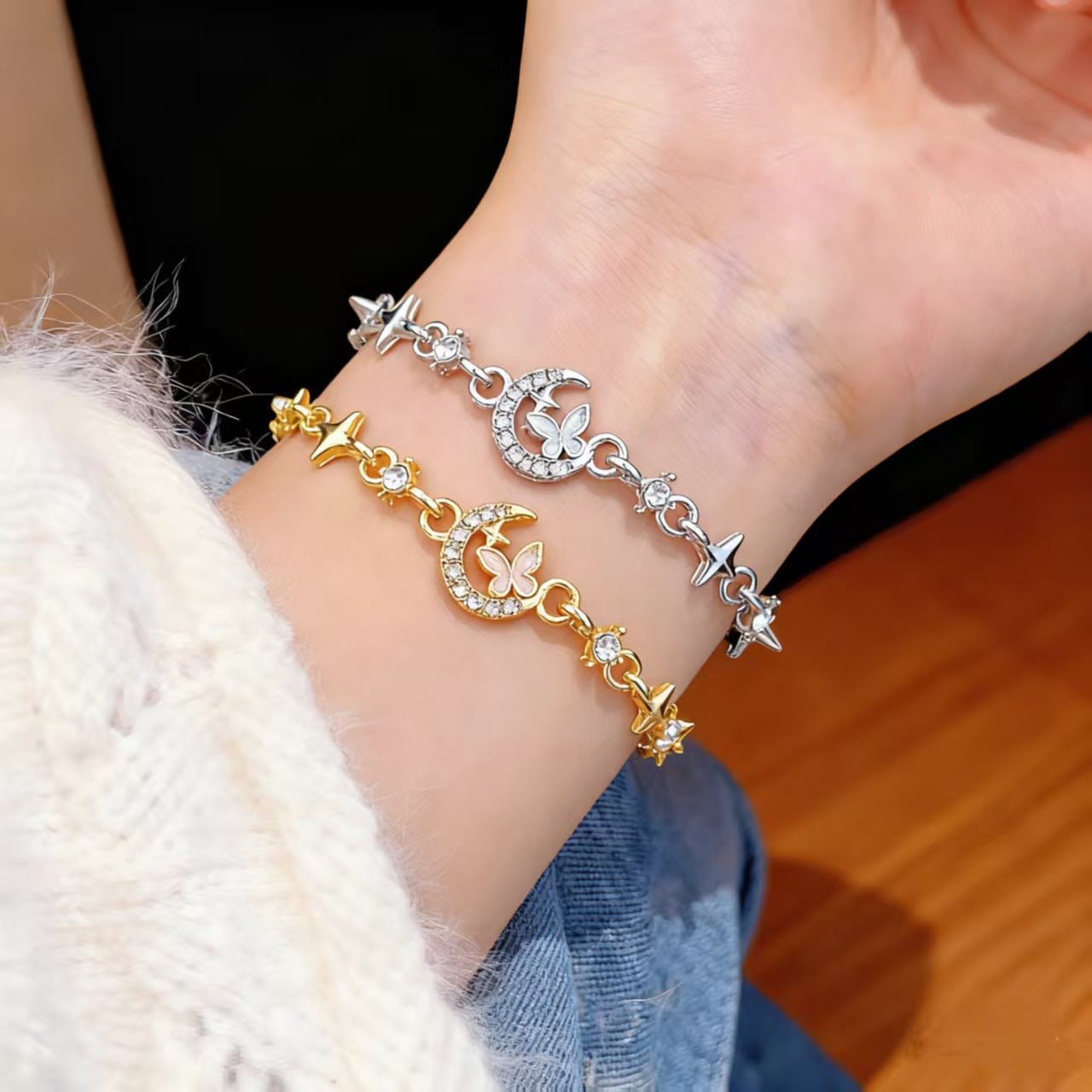 Butterfly Gold Electroplated Zinc Alloy Bracelet For Women With Zircon Inlay