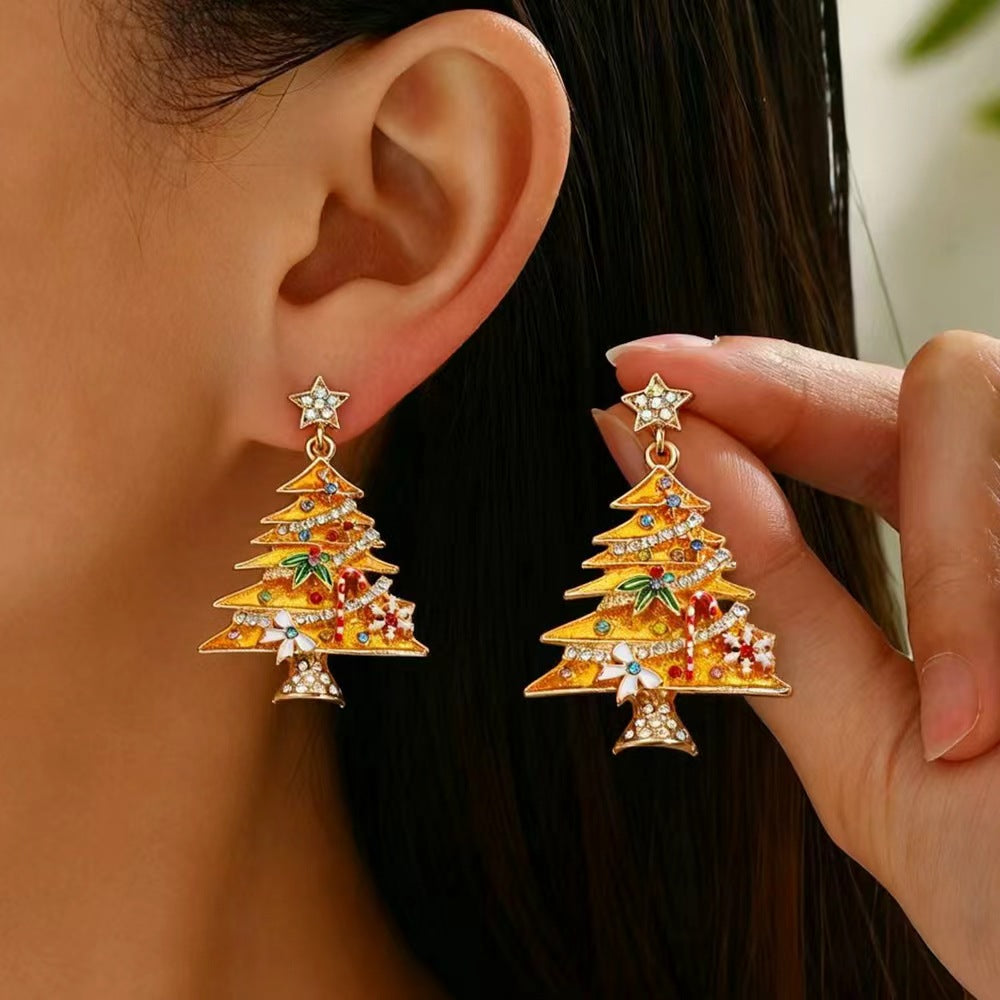 Sweet Christmas Tree Stud Earrings For Women With Zinc Alloy And Rhinestones, Electroplated Finish, Featuring 304 Stainless Steel Posts