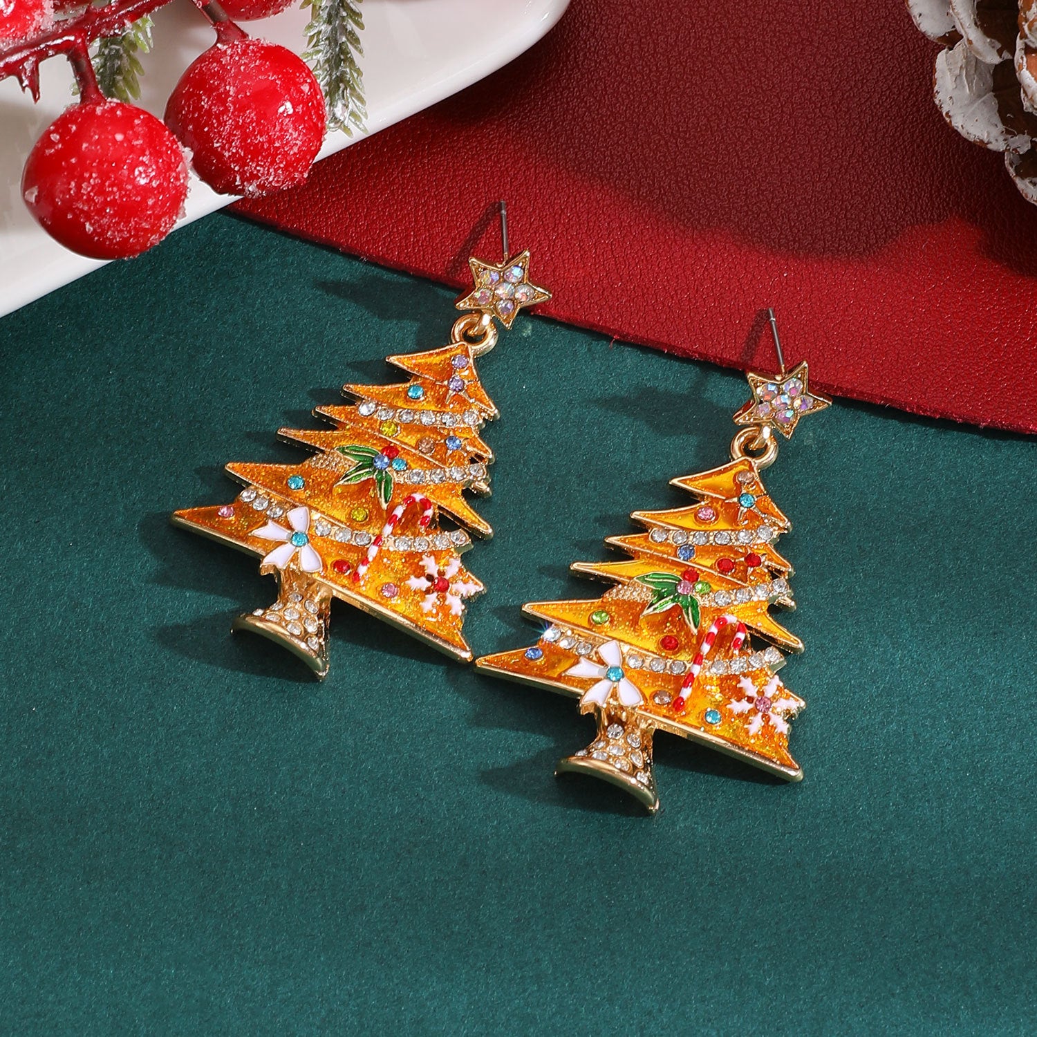 Sweet Christmas Tree Stud Earrings For Women With Zinc Alloy And Rhinestones, Electroplated Finish, Featuring 304 Stainless Steel Posts