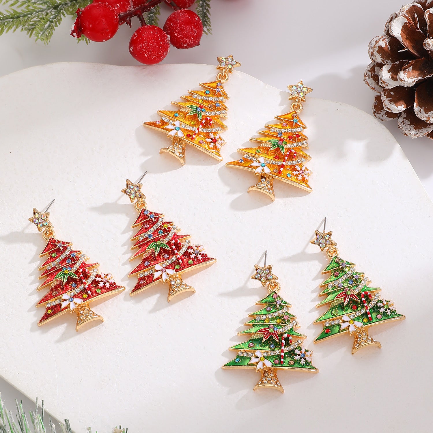 Sweet Christmas Tree Stud Earrings For Women With Zinc Alloy And Rhinestones, Electroplated Finish, Featuring 304 Stainless Steel Posts