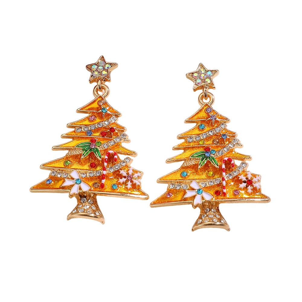Sweet Christmas Tree Stud Earrings For Women With Zinc Alloy And Rhinestones, Electroplated Finish, Featuring 304 Stainless Steel Posts