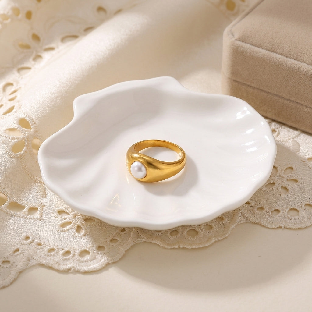 Geometric Electroplated Rings For Women In 304 Stainless Steel With 18K Real Gold PVD Coating And Artificial Pearl Inlay