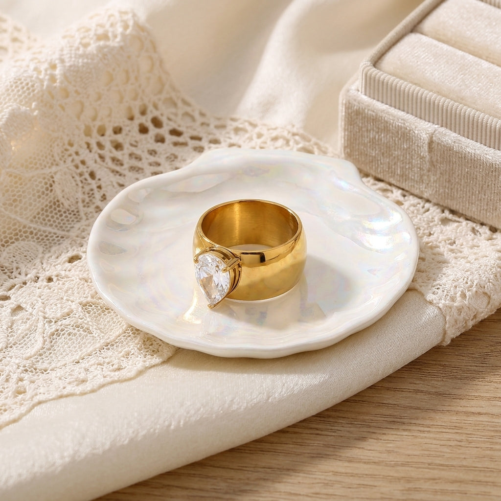 Geometric Electroplated Rings For Women In 304 Stainless Steel With 18K Real Gold PVD Coating And Artificial Pearl Inlay