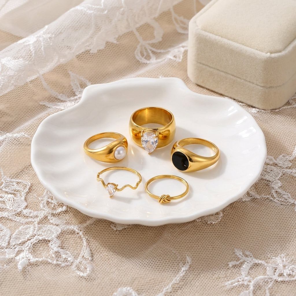 Geometric Electroplated Rings For Women In 304 Stainless Steel With 18K Real Gold PVD Coating And Artificial Pearl Inlay