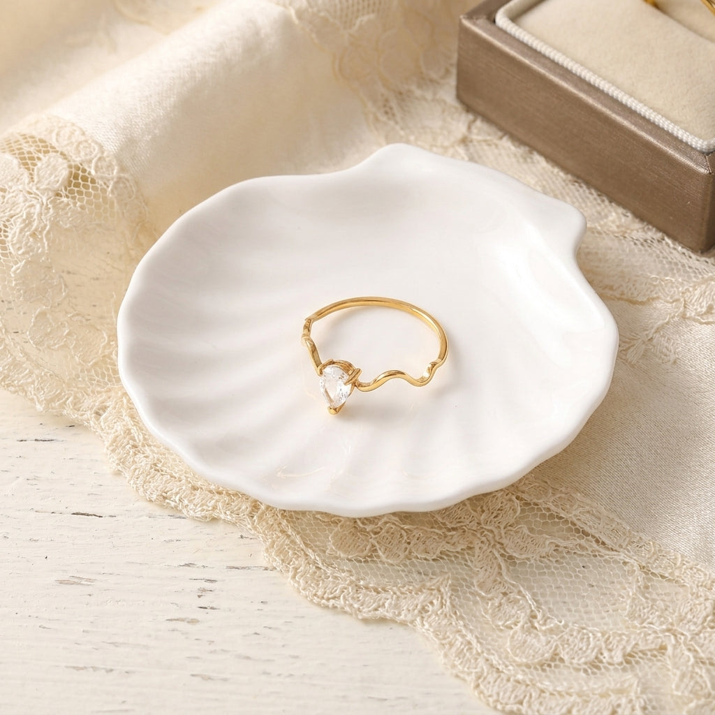 Geometric Electroplated Rings For Women In 304 Stainless Steel With 18K Real Gold PVD Coating And Artificial Pearl Inlay