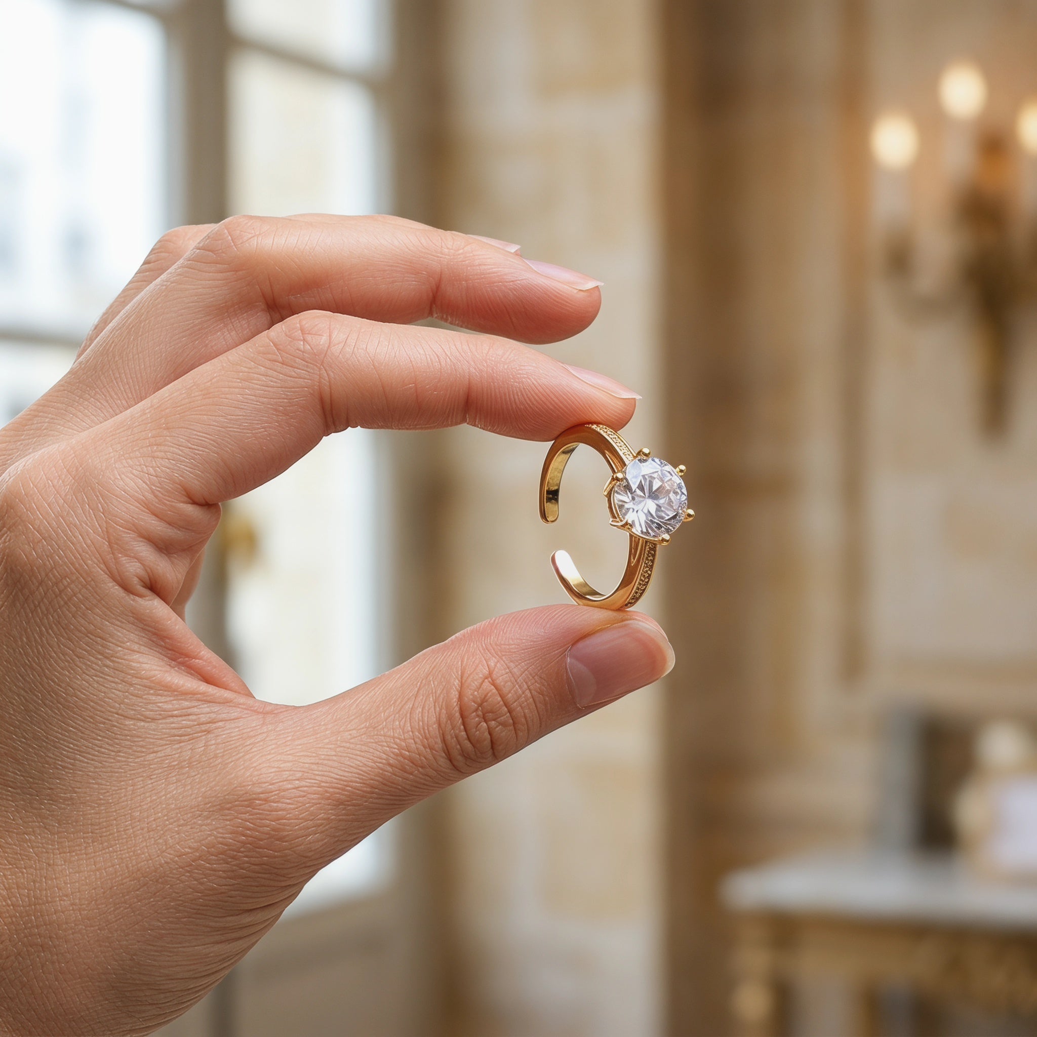 Geometric Open Rings For Women In Gold Copper Alloy With KC Golden Plated 0.03µm Thickness Featuring Synthetic Zirconia