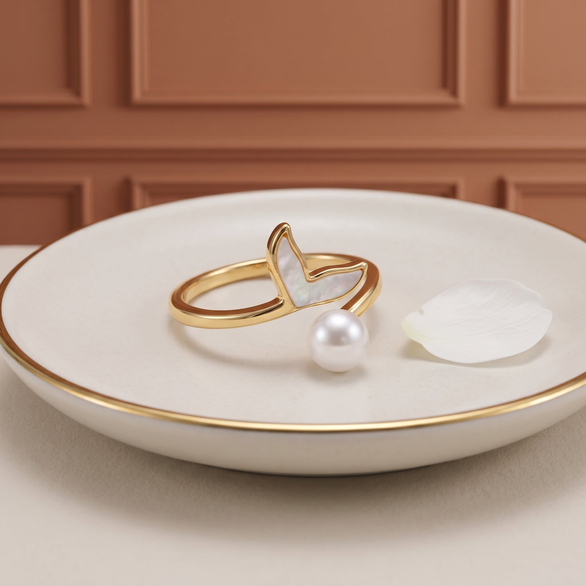 Fish Tail Open Ring For Women In Marine Style With Gold KC Golden Plated Finish 0.03µm Featuring Imitation Pearl