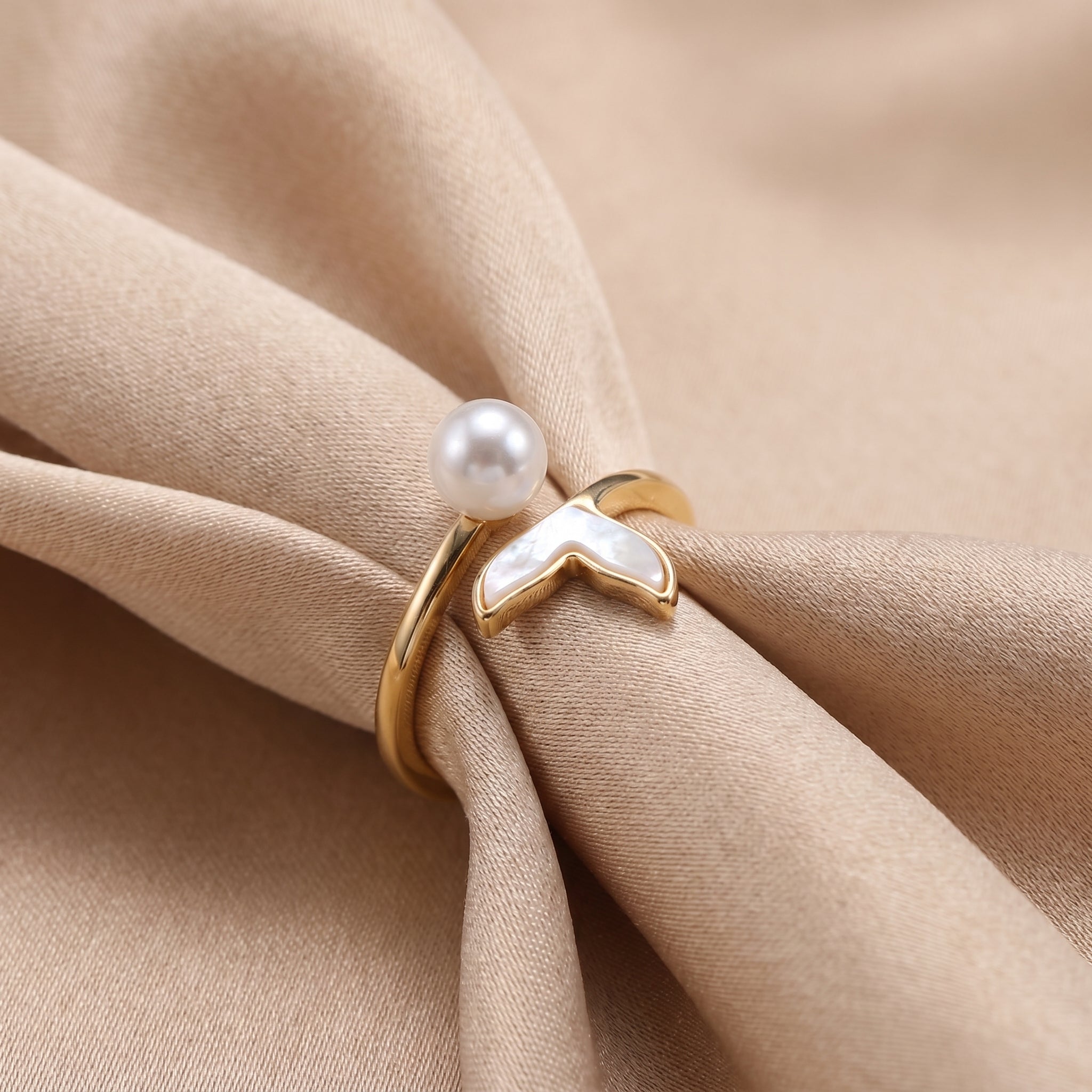 Fish Tail Open Ring For Women In Marine Style With Gold KC Golden Plated Finish 0.03µm Featuring Imitation Pearl